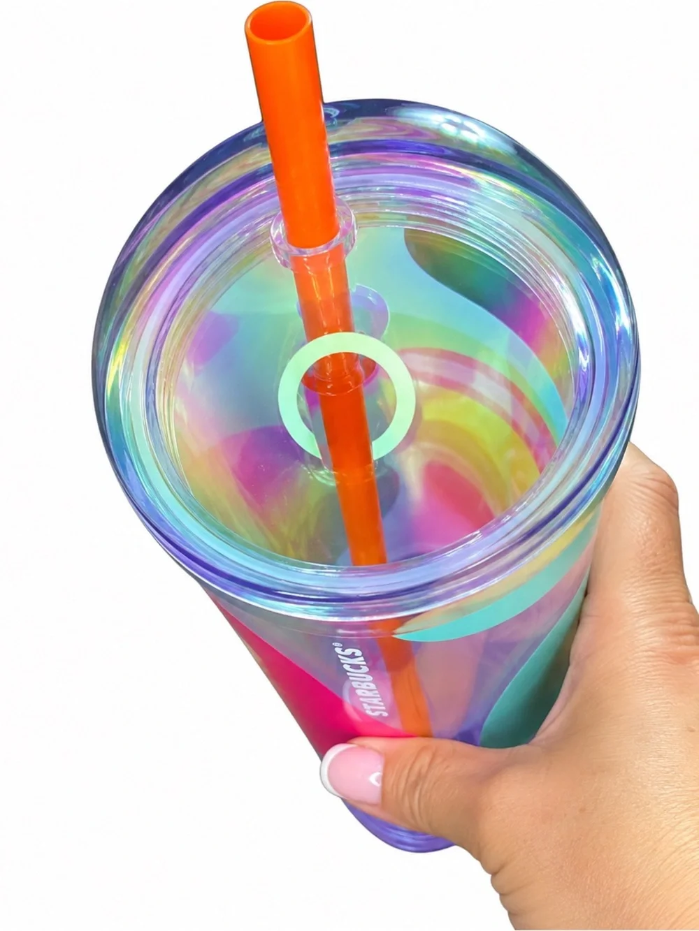 Starbucks 24oz Rainbow Swirl Cold Cup Iridescent Dome Lid Orange Straw NEW